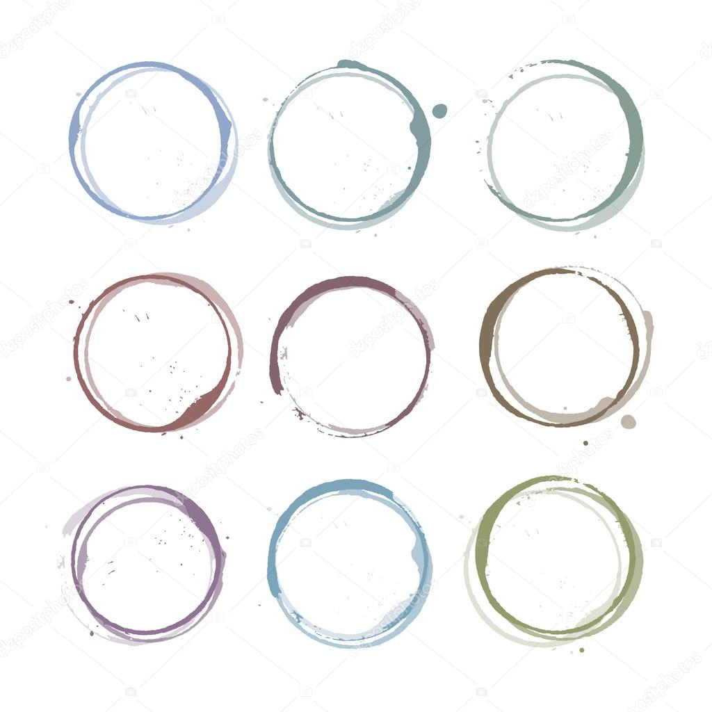 Vector set of grange color stain circles, splashes and spot isolated on white background. Watercolor hand drawing cup marks