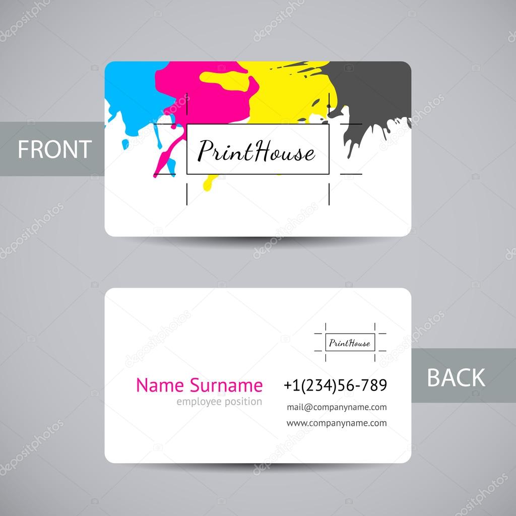 Business card for print house with CMYK ink splashes
