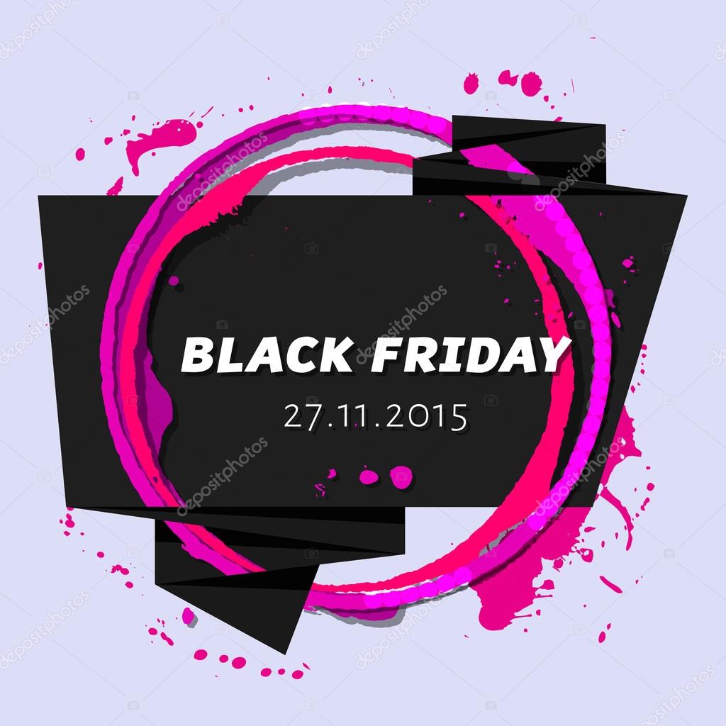 Black Friday black paper ribbon banner with pink watercolor stamps. Advertising badge for holiday sale. Wine stains