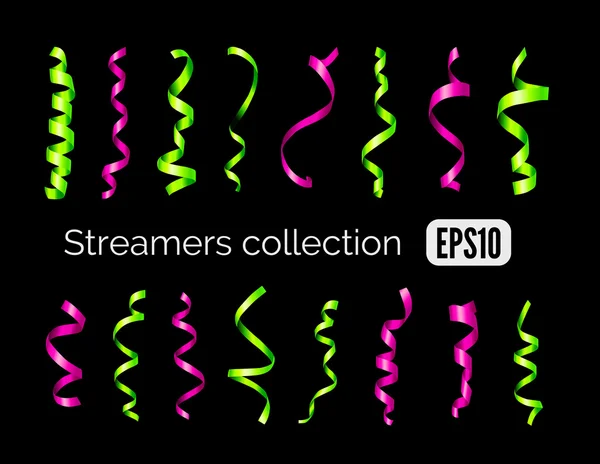 Collection of shiny green streamers and pink party ribbons isolated on black — Stock Vector