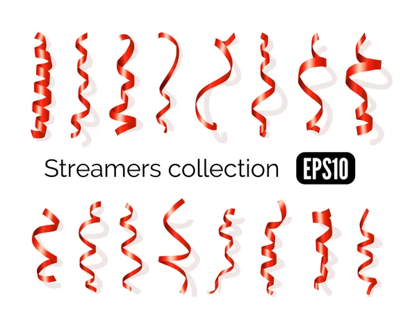 Coleção de streamers vermelhos e fitas de festa isolados em branco — Vetor de Stock