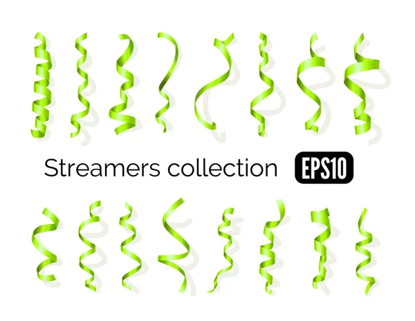 Coleção de streamers verdes e fitas de festa isoladas em branco — Vetor de Stock