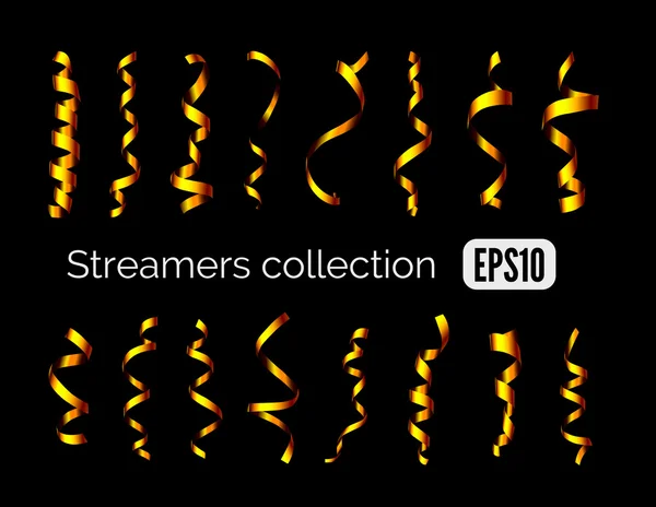 Coleção de streamers dourados brilhantes e fitas de festa isoladas em preto — Vetor de Stock