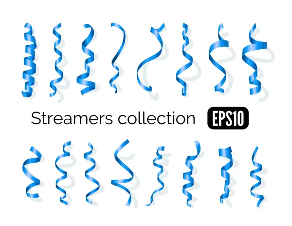 Coleção de streamers azuis e fitas de festa isolados em branco — Vetor de Stock