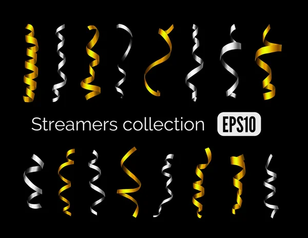 Collection of shiny golden streamers and silver party ribbons isolated on black — Stock Vector