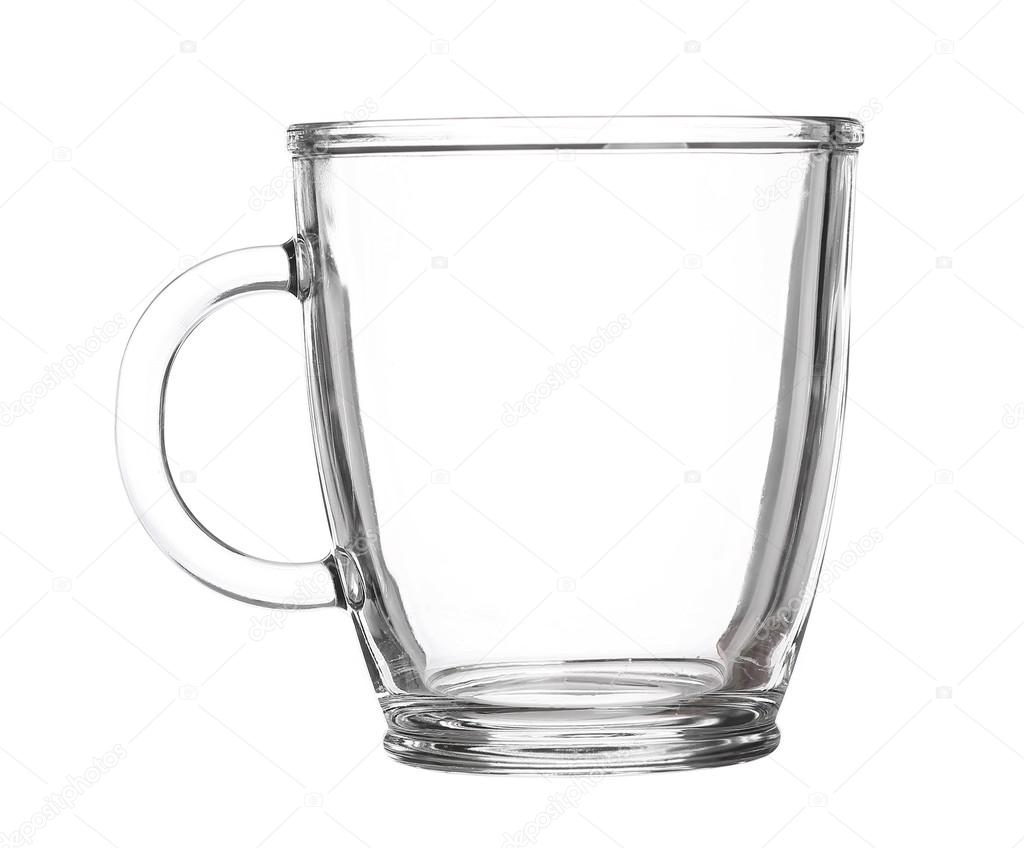 empty glass cup of tea with handle isolated on white background