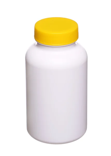 Medical pill bottle with a blank label for copy space and the bottle is isolated on a white background. — Stock Photo, Image