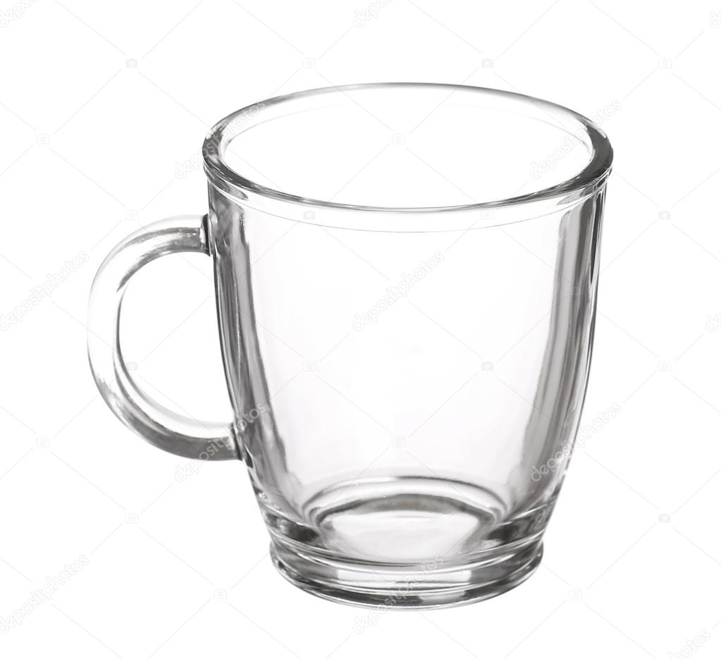 Empty glass cup of tea with handle isolated on white background