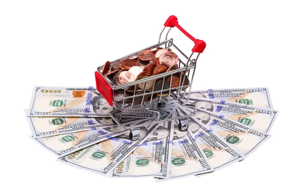 Dinheiro no carrinho de compras isolado em fundo branco — Fotografia de Stock