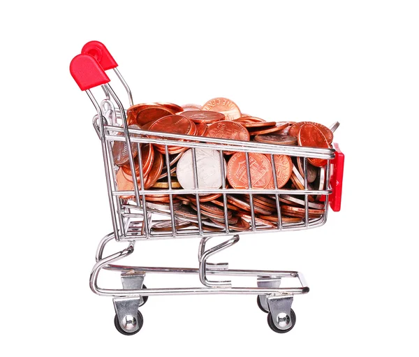 Geld in Shopping Cart geïsoleerd op witte achtergrond — Stockfoto