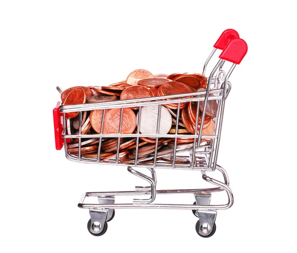 Pengar i Shopping Cart isolerade på vit bakgrund — Stockfoto