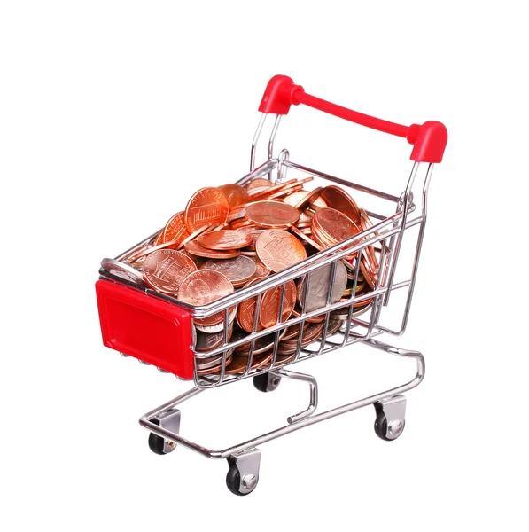 Geld in Shopping Cart geïsoleerd op witte achtergrond — Stockfoto