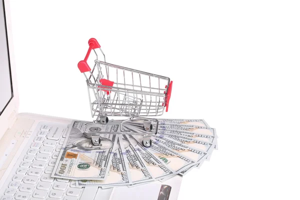 Online shopping. cart on laptop isolated on white background — Stock Photo, Image