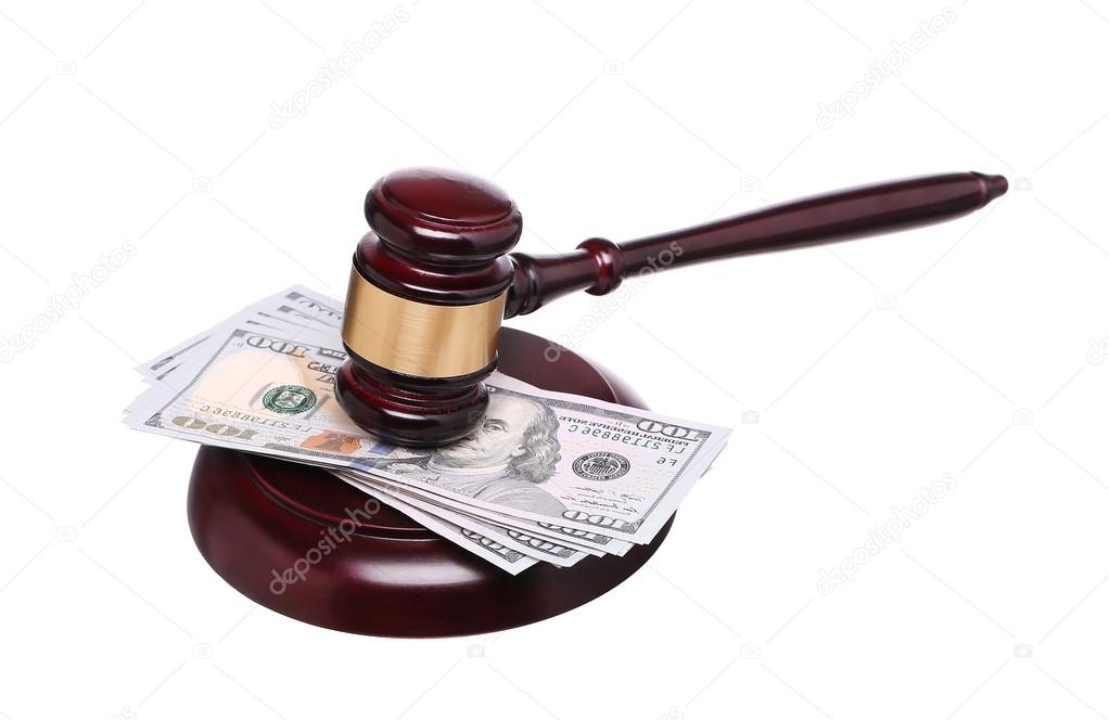  judge gavel and money isolated on white background.