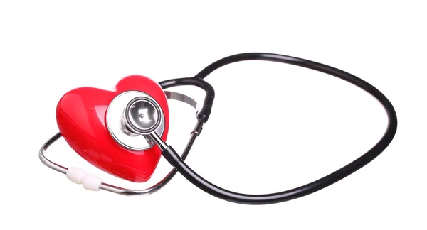 白い背景に分離された聴診器赤チェック ハート — ストック写真