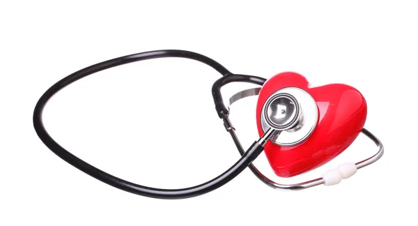 Beyaz arka plan üzerinde izole stetoskop onay kırmızı kalp — Stok fotoğraf
