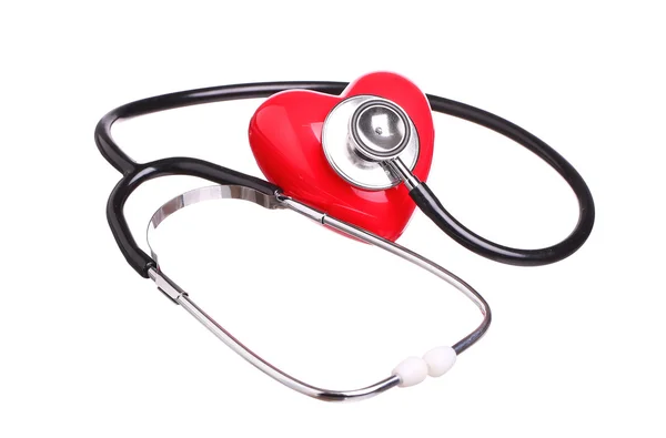 Stetoskop kontrola červené srdce izolovaných na bílém pozadí — Stock fotografie