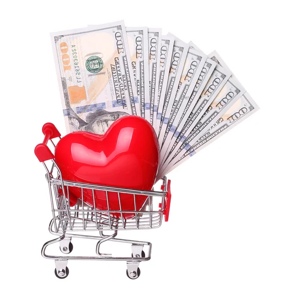 Heart in shopping cart with cash concept isolated on white backg — Stock Photo, Image