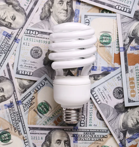 CFL Fluorescent Light Bulb on money dollar cash background