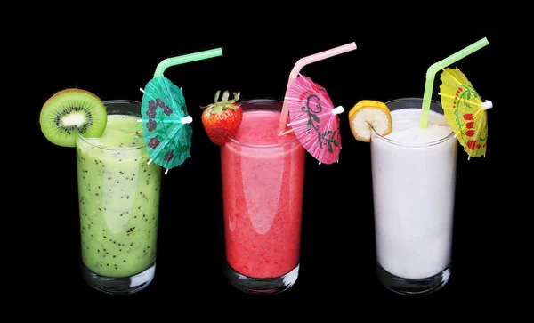 Saludable vaso de smoothies colección sabor sobre fondo negro — Foto de Stock