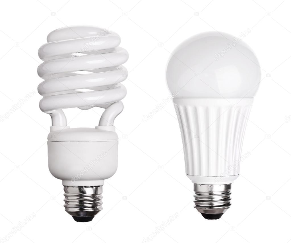 CFL Fluorescent and LED Light Bulb isolated on white background