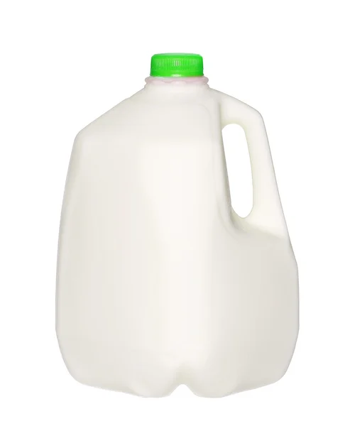 Galon mleka butelki z zielony Cap na białym tle na białym tle. — Zdjęcie stockowe