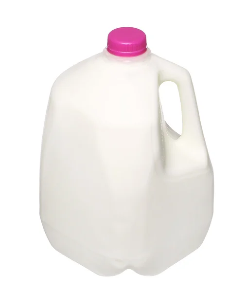 Galon mleka butelki z różowy czapka na białym tle na białym tle. — Zdjęcie stockowe