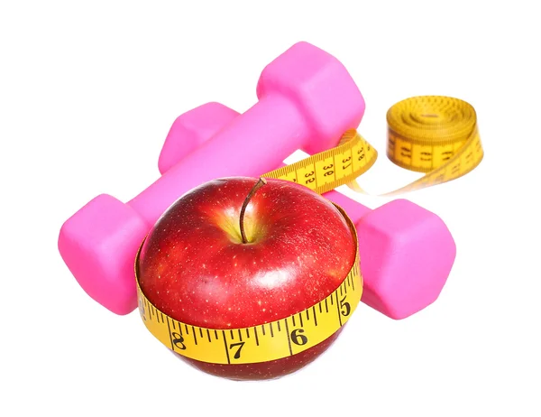 American Sport equipment. dumbbells, measuring tape, apple  isol — Stock Photo, Image
