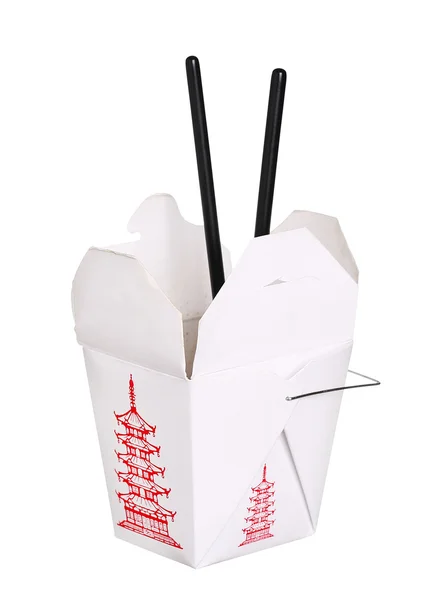 Chinese food box container and chopsticks isolated on white back — Stock Photo, Image