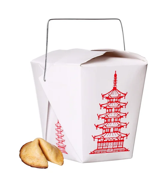 Kinesisk mat box behållare med fortune cookie isolerad på vit bakgrund — Stockfoto