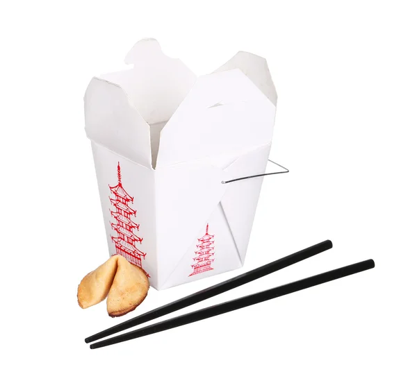 Caja de comida china contenedor con galleta de la fortuna y palillos es — Foto de Stock