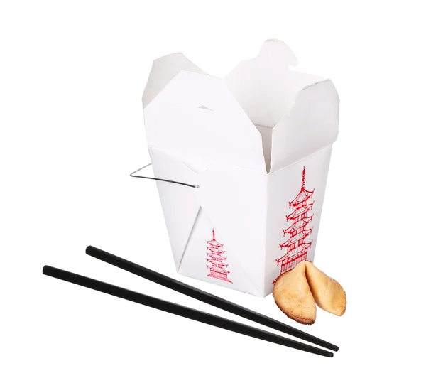 Chinese food box container with fortune cookie and chopsticks isolated on white background — Φωτογραφία Αρχείου