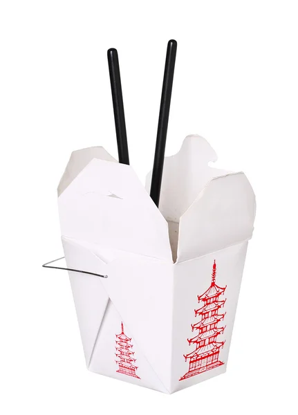 Boîte à nourriture chinoise contenant et baguettes isolées sur le dos blanc Photo De Stock
