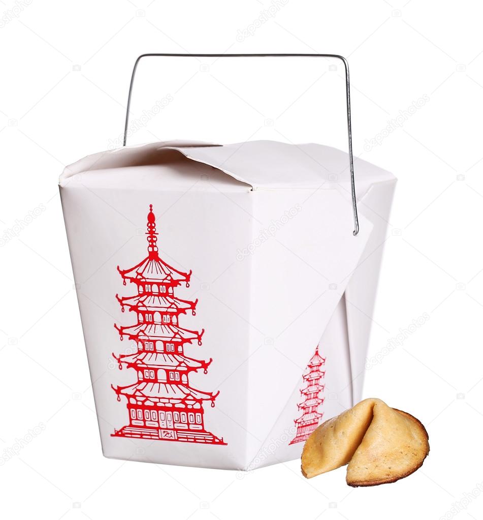 chinese food box container with fortune cookie isolated on white