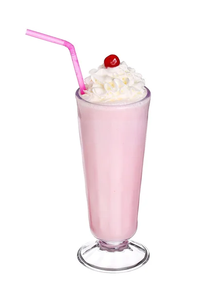 Milkshake rasa stroberi dengan cherry dan whipped cream terisolasi pada latar belakang putih — Stok Foto