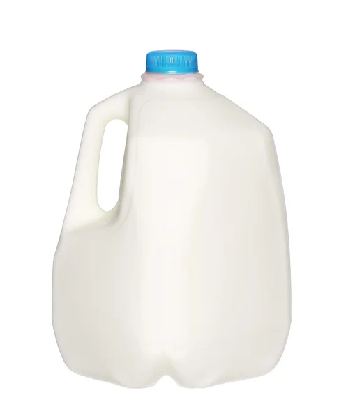 Garrafa de leite de galão com tampa azul isolado no fundo branco . — Fotografia de Stock