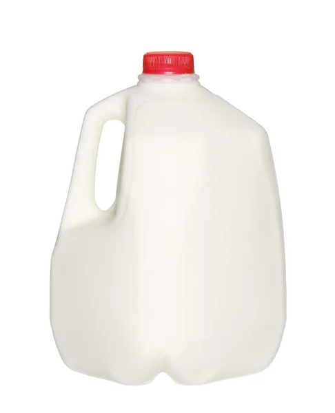 Galon mleka butelki z Red Cap na białym tle na białym tle. — Zdjęcie stockowe
