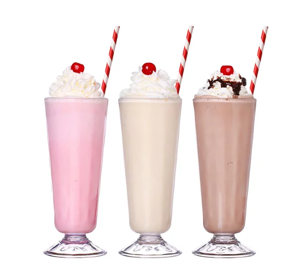 Milkshakes chokolade smag is sæt samling med kirsebær - Stock-foto