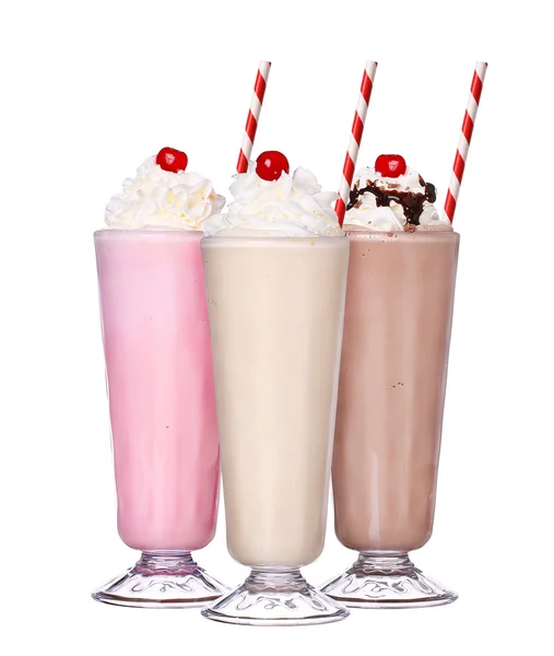 Milkshakes chokolade smag is sæt samling med kirsebær - Stock-foto