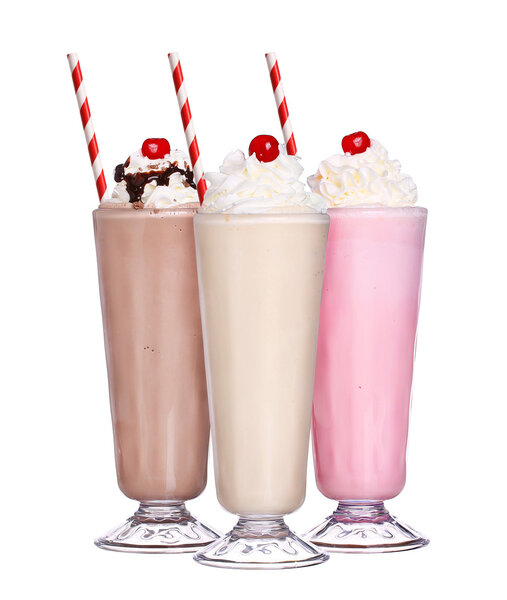 milkshakes chocolate flavor ice cream set collection with cherry
