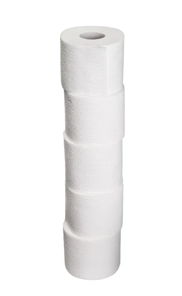 Rolos de pilha de torre de papel higiênico isolado sobre fundo branco — Fotografia de Stock