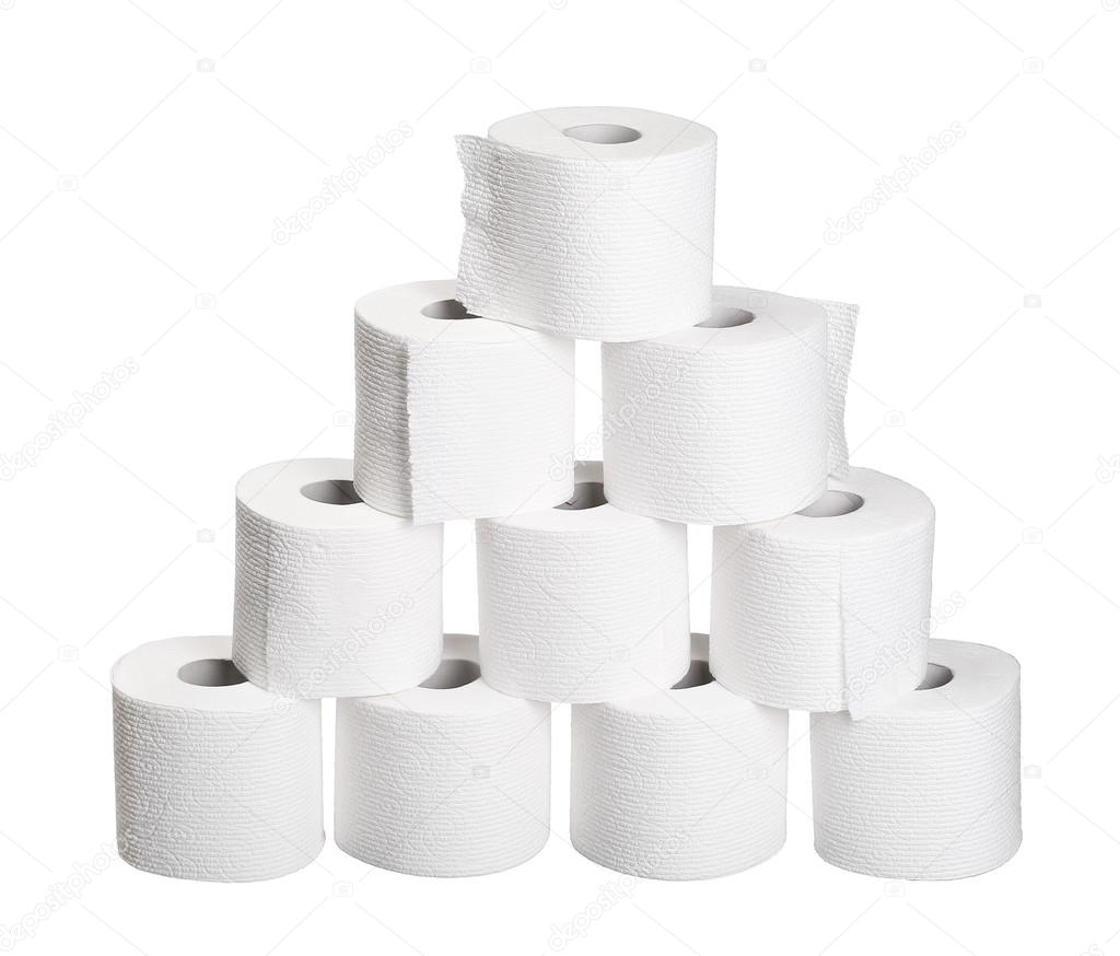 pyramid pile rolls of toilet paper isolated on white background