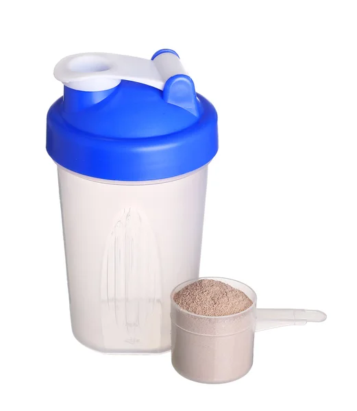 Shaker and cup of protein powder isolated on white background — Stock Photo, Image
