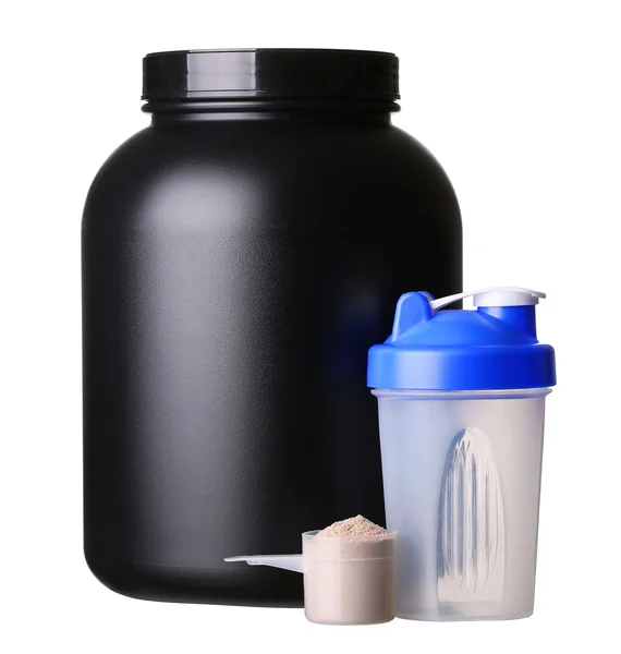 Big tub of whey protein with shaker and cup of protein powder fo — Stock Photo, Image