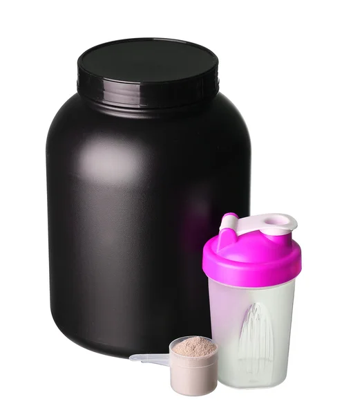 Big tub of whey protein with pink shaker and cup of protein powd — Stock Photo, Image