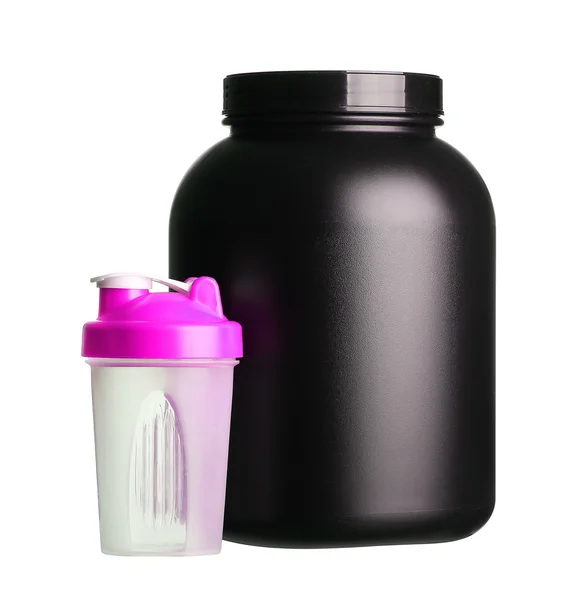 Big tub of whey protein with pink shaker for girl bodybuilding i — Stock Photo, Image