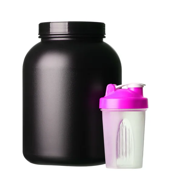 Grande banheira de proteína de soro de leite com agitador rosa para fisiculturismo menina i — Fotografia de Stock