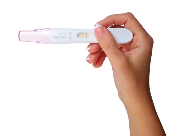 Χέρι εκμετάλλευση τεστ εγκυμοσύνης αρνητική. στο χέρι της. Γυναίκα είναι hol — Φωτογραφία Αρχείου