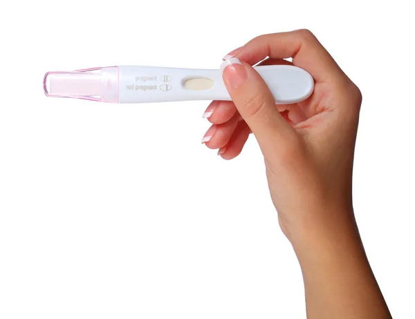 Hand holding pregnancy test new. in her hand. Woman is holding. — Stock Photo, Image