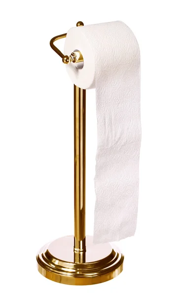 Suport de hârtie igienică de aur în picioare izolat pe fundal alb — Fotografie, imagine de stoc
